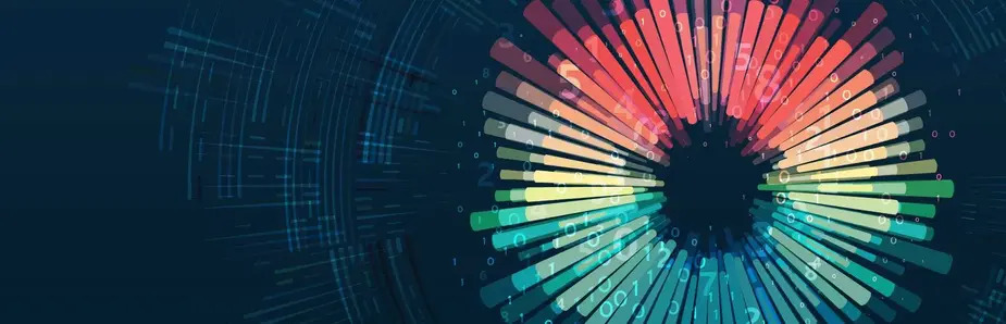 A vibrant abstract design featuring a central circle, surrounded by a spectrum of colors and dynamic shapes.