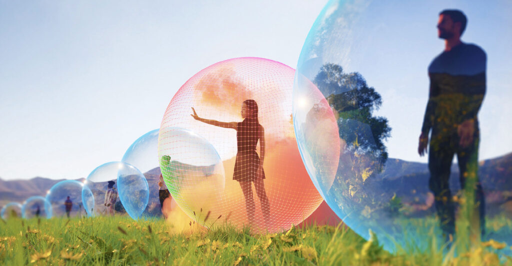 People standing in separate bubbles, a representation for why a talent transformation strategy is needed.