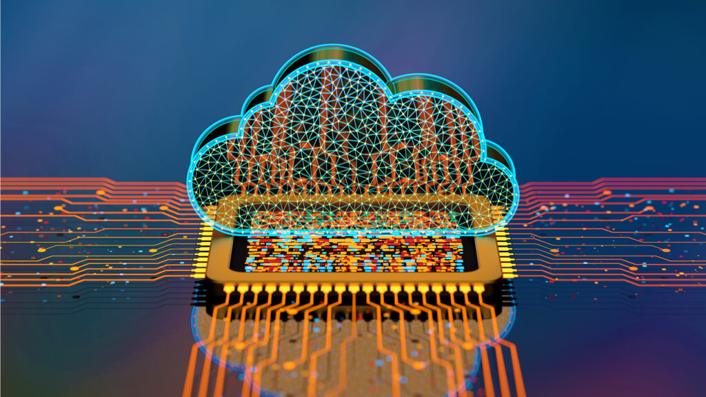A digital cloud above a processor, the banner image for Using AI Responsibly