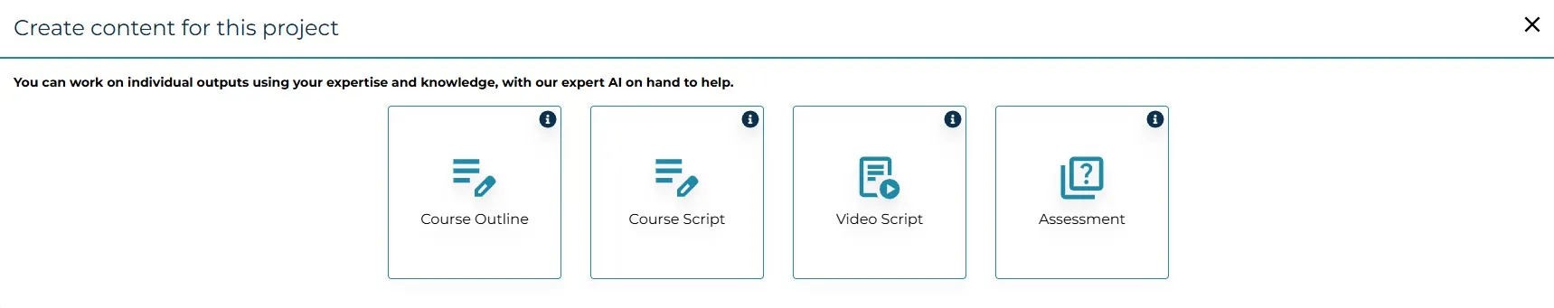 An example of the AI course creator Learning Content AIQ beginning options to create content, including course outlines, course scripts, video scripts, and assessments.