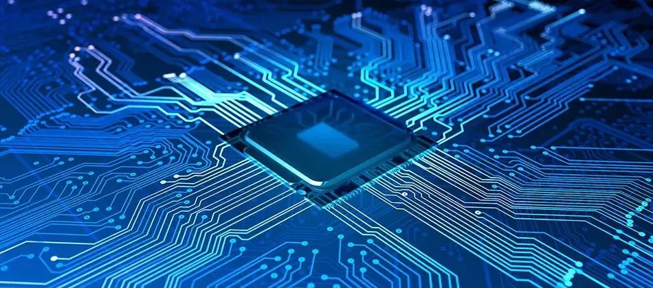 A close-up of a computer chip mounted on a circuit board, showcasing intricate connections and electronic components.